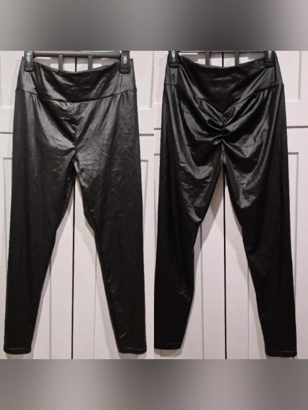 shosho Black Faux-Leather High-Waist Leggings with Ruched Back Detail